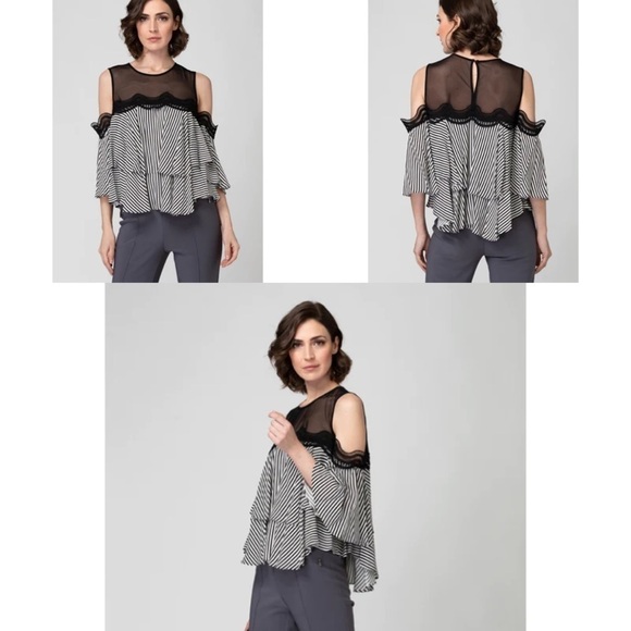 New Joseph ribkoff black white stripe cold shoulder floating tier top 8 - Picture 1 of 9